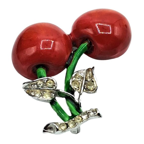 Vintage Cherry Brooch Enamel With Clear Rhinestone Leaves Figural Pin Costume Je - Picture 4 of 10